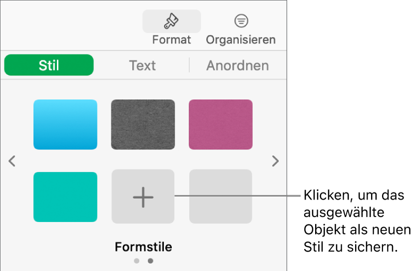 Der Bereich „Stil“ der Seitenleiste „Format“ mit vier Bildstilen, einer Taste „Stil erstellen“ und einem leeren Stilplatzhalter