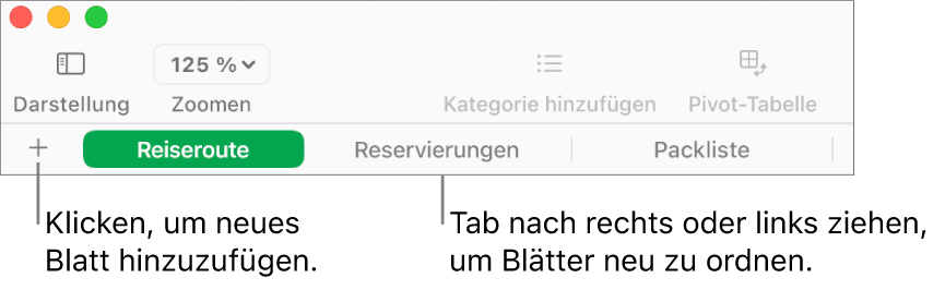 Tableiste zum Hinzufügen eines neuen Blatts und zum Ändern der Anordnung der Blätter