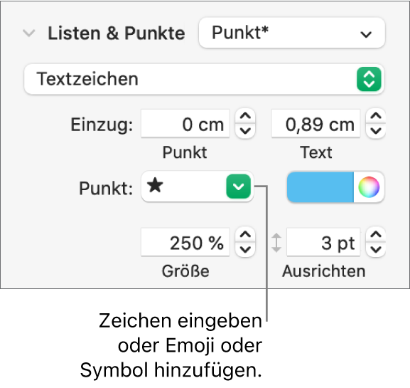 Der Abschnitt „Listen & Punkte“ in der Seitenleiste „Format“ Das Feld „Punkt“ mit einem Stern-Emoji