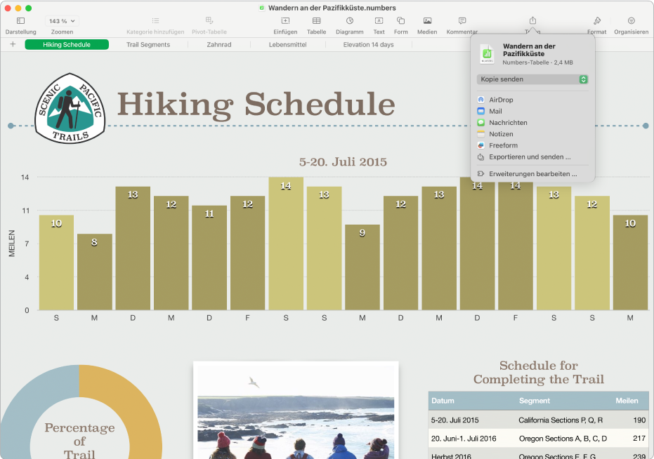 Das Numbers-Fenster mit dem Menü „Teilen“ sowie Optionen zum Senden einer Kopie der Tabellenkalkulation oder zum Exportieren und Senden in einem anderen Format.