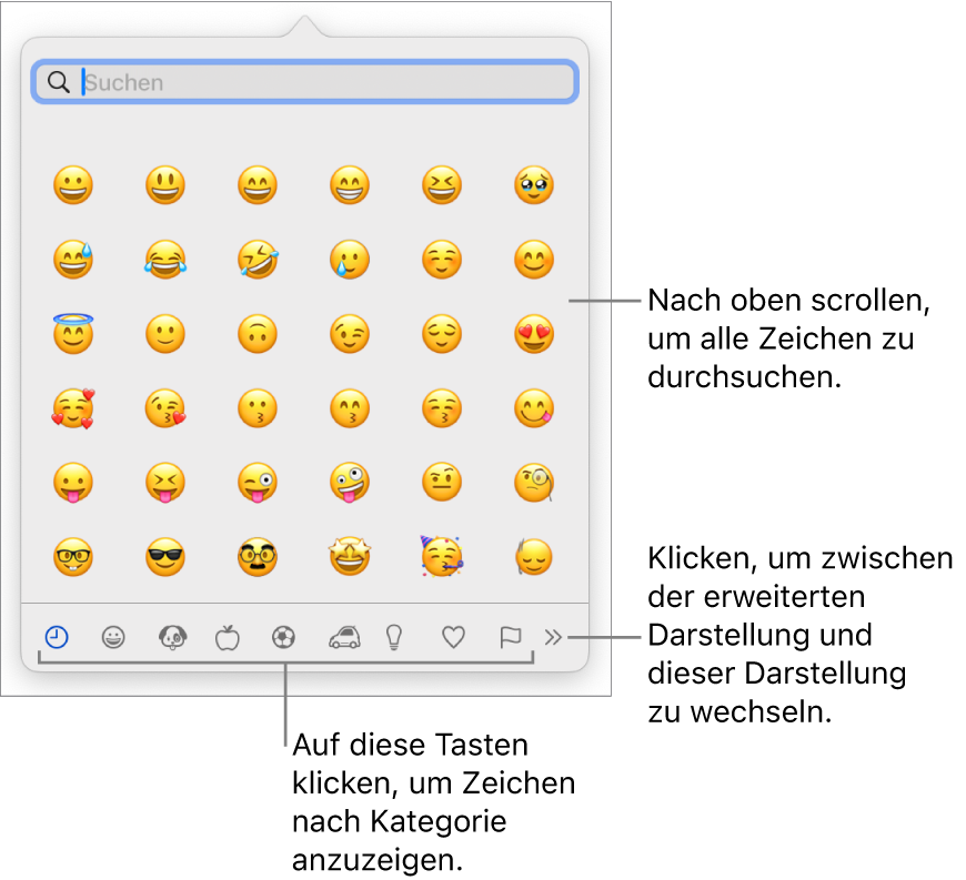 Das Einblendmenü „Sonderzeichen“ mit Emoticons, Tasten für die unterschiedlichen Symbolarten am unteren Fensterrand und einer Beschreibung der Taste, mit der das vollständige Fenster „Zeichen“ eingeblendet werden kann