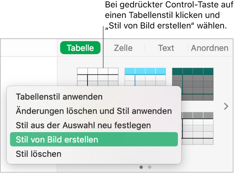 Das Kontextmenü für den Tabellenstil