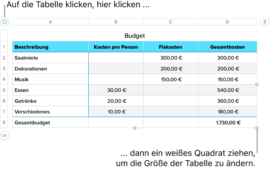 Eine ausgewählte Tabelle mit weißen Quadraten zum Ändern der Größe