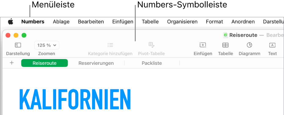 Oben auf dem Bildschirm ist die Menüleiste mit den Menüs „Apple“, „Numbers“, „Ablage“, „Bearbeiten“, „Einfügen“, „Tabelle“, „Organisieren“, „Format“, „Anordnen“, Darstellung“, „Fenster“ und „Hilfe“. Unter der Menüleiste befindet sich eine geöffnete Numbers-Tabellenkalkulation mit den Tasten „Darstellung“, „Zoomen“, „Kategorie hinzufügen“, „Pivot-Tabelle“, „Einfügen“, „Tabelle“, „Diagramm“ und „Text“.