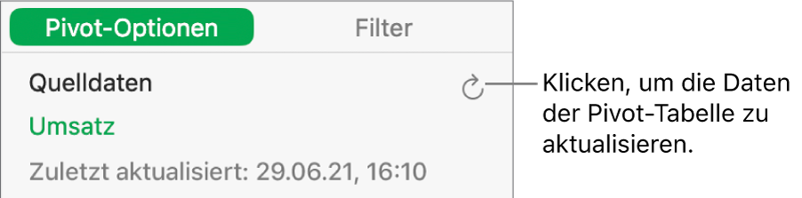 Der Tab „Pivot-Optionen“ mit der Option zum Aktualisieren der Pivot-Tabelle