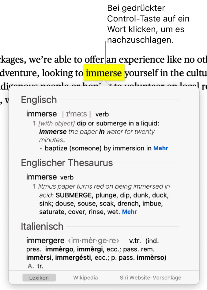 Text, in dem ein Wort hervorgehoben ist. Ein Fenster zeigt die Definition des Wortes und einen Thesaurus-Eintrag. Drei Tasten unten im Fenster stellen Links zum Lexikon, zu Wikipedia und von Siri vorgeschlagenen Websites bereit.