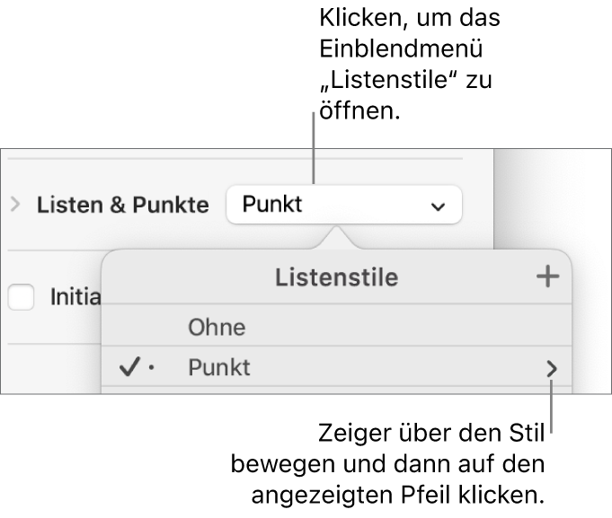 Das Einblendmenü „Listenstile“ mit einem ausgewählten Stil und einem zugehörigen Pfeil ganz rechts