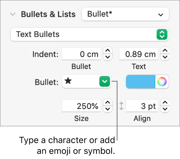 The Bullets & Lists section of the Format sidebar. The Bullet field shows a star emoji.