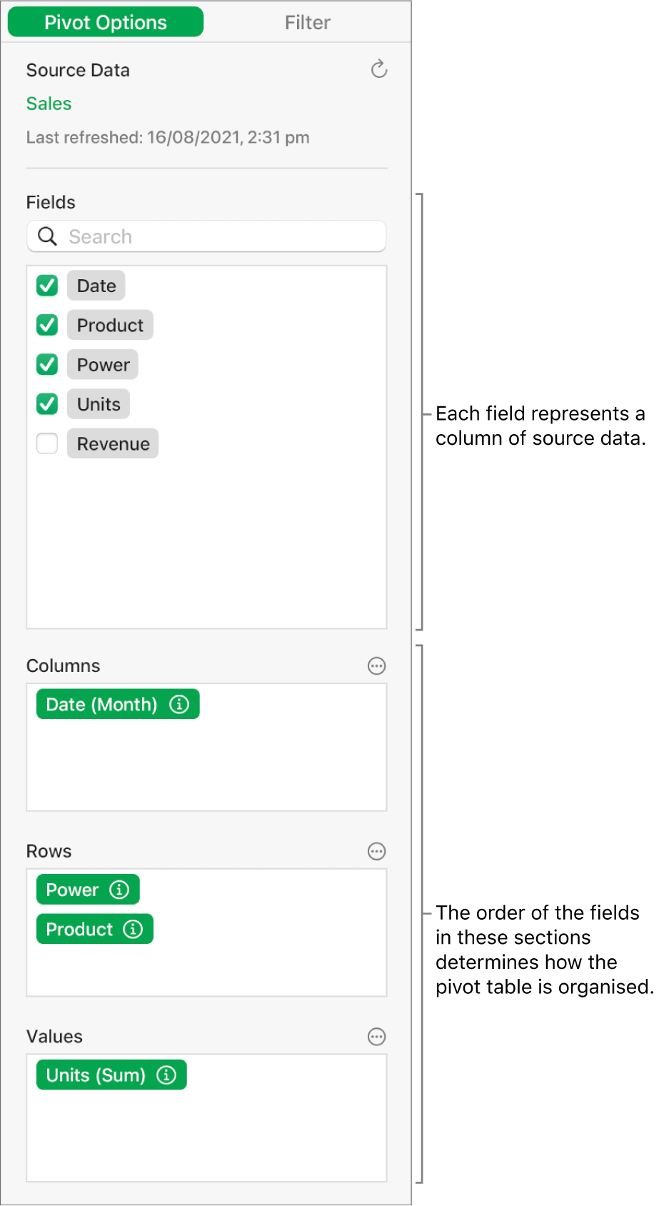 The Pivot Options tab in the Organise sidebar, showing fields in the Columns, Rows and Values sections, as well as controls to edit the fields and refresh the pivot table.