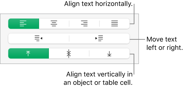 The Alignment section showing buttons for aligning text horizontally, moving text left or right, and aligning text vertically.