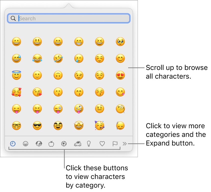 The Special Characters pop-up showing emoticons, buttons for different types of symbol at the bottom, and a callout to a button to show the full Characters window.