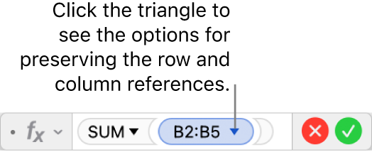 The Formula Editor with a triangle that you click to open options for preserving the row and column references.