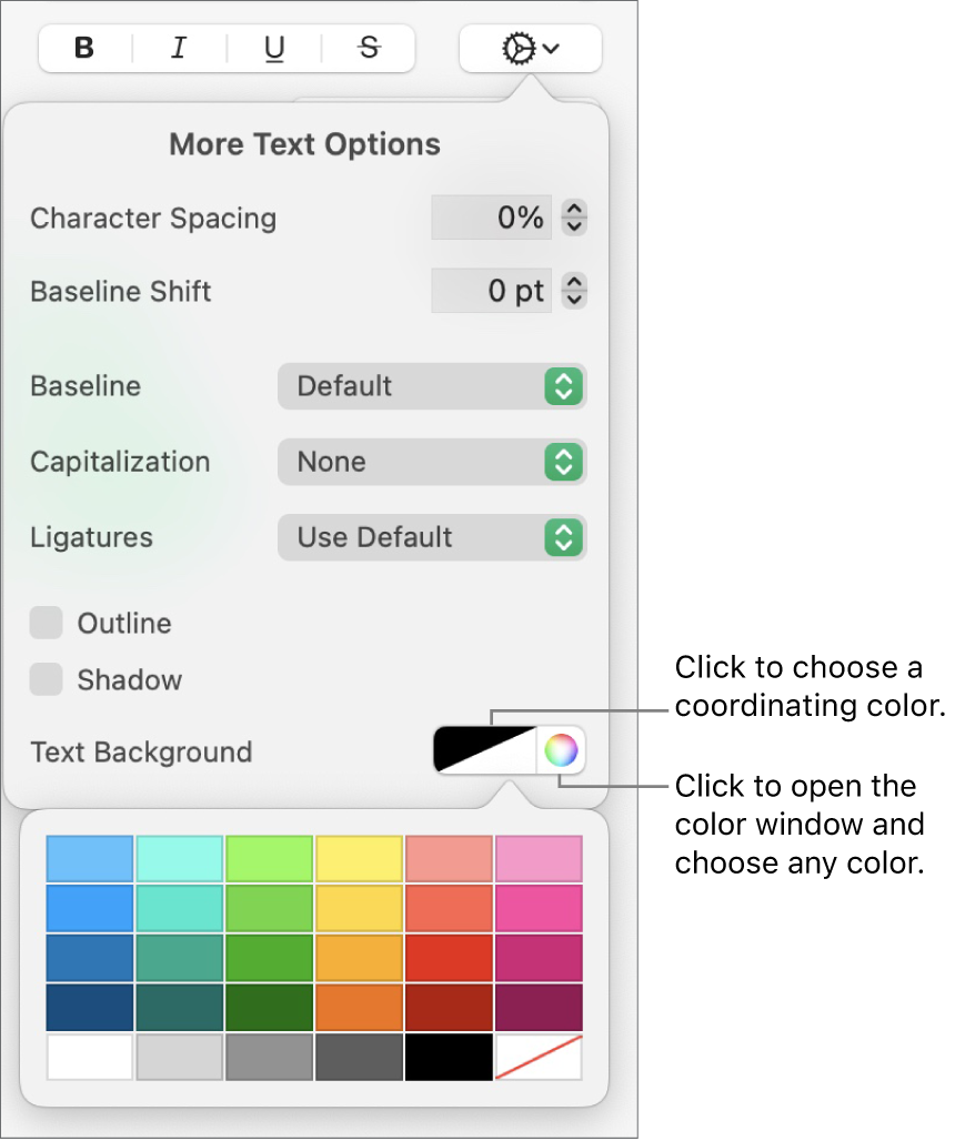 Controls for choosing a character fill.