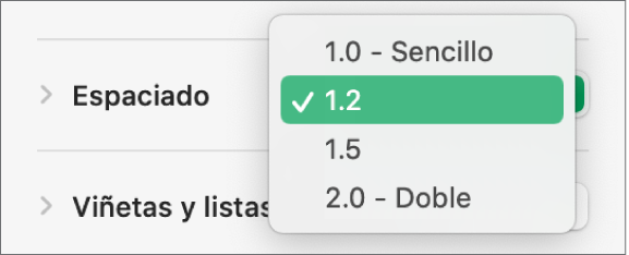 El menú desplegable Espaciado con Sencillo, Doble y otras opciones.