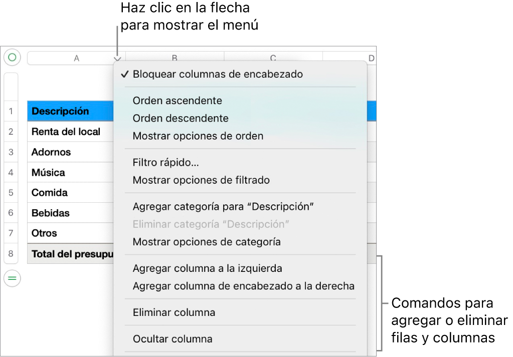 El menú de columna de tabla con comandos para agregar o eliminar filas y columnas.