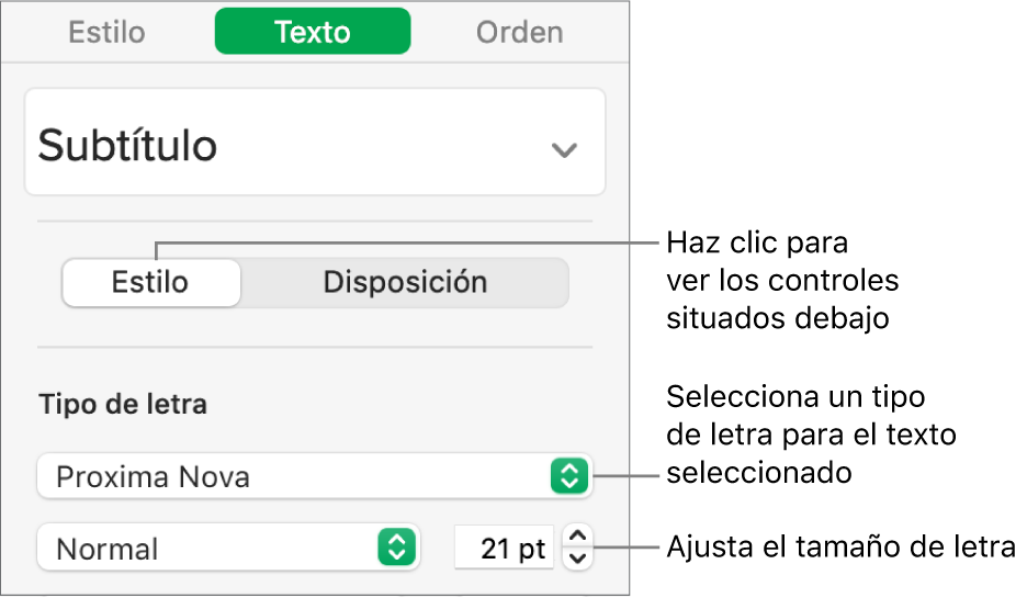 Controles de texto de la sección Estilo de la barra lateral Formato para ajustar el tamaño y el tipo de letra.