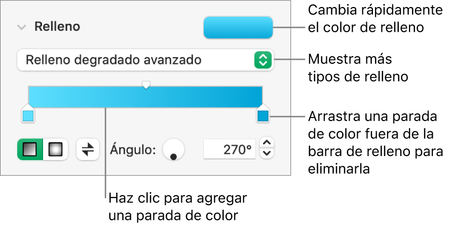 Controles para rellenar objetos con colores.