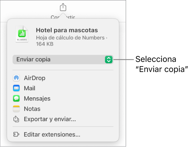 El menú Compartir con la opción “Enviar copia” seleccionada en la parte superior.