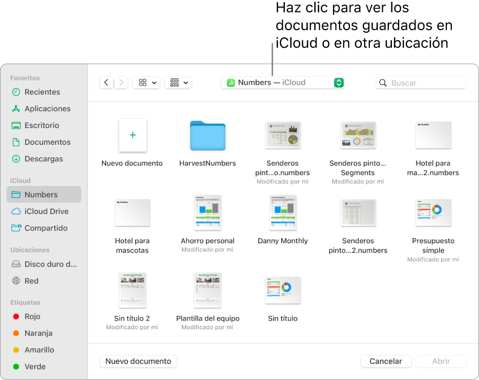 El cuadro de diálogo Abrir con la barra lateral abierta a la izquierda y iCloud Drive seleccionado en el menú desplegable en la parte superior. En el cuadro de diálogo aparecen carpetas para Keynote, Numbers y Pages, junto con un botón “Nuevo documento”.