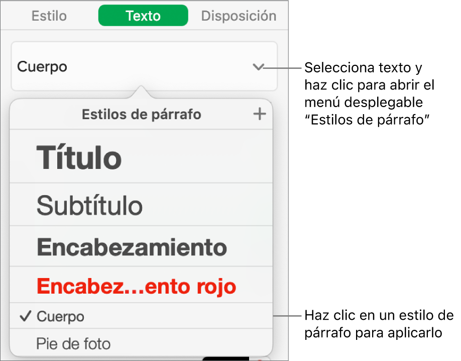 El menú “Estilos de párrafo” con una marca de selección junto al estilo seleccionado.