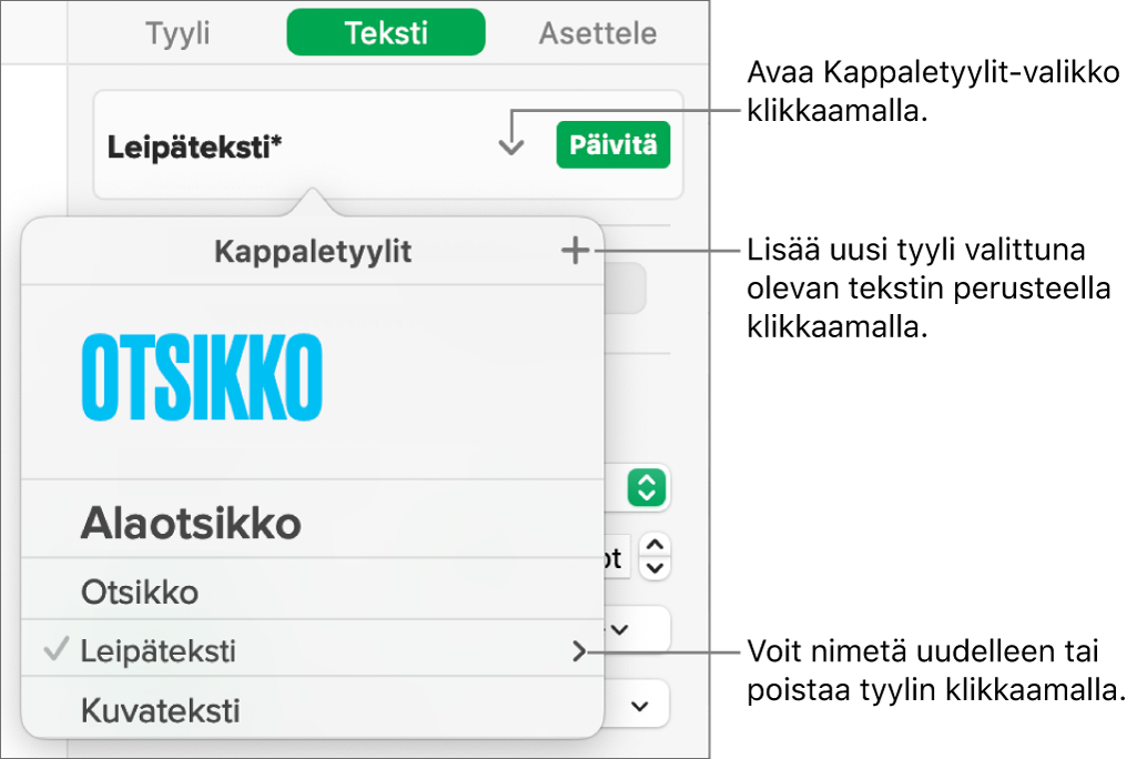 Kappaletyylit-valikko, jossa on säätimiä tyylin lisäämiseen ja vaihtamiseen.