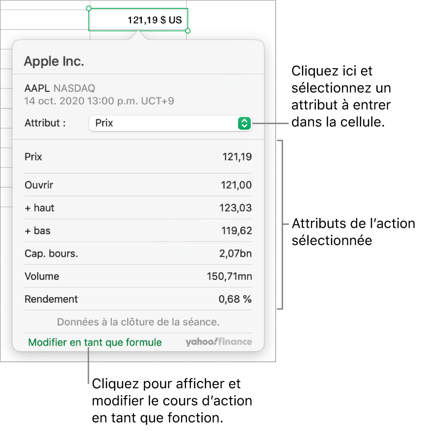 Zone de dialogue dans laquelle saisir des informations sur l’attribut de l’action, Apple étant l’action sélectionnée.