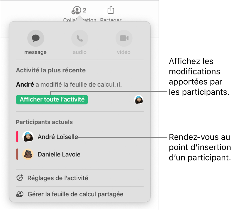 Le menu de collaboration avec deux participants actuels dans la liste.