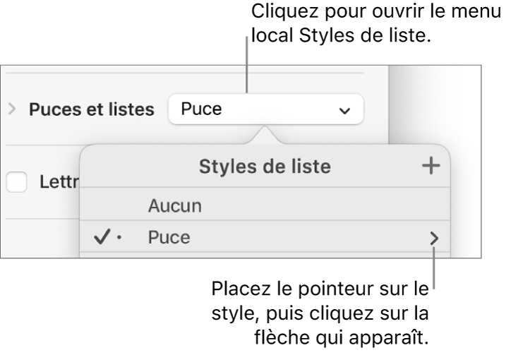 Le menu contextuel Liste des styles avec un style sélectionné et une flèche à l’extrême droite.