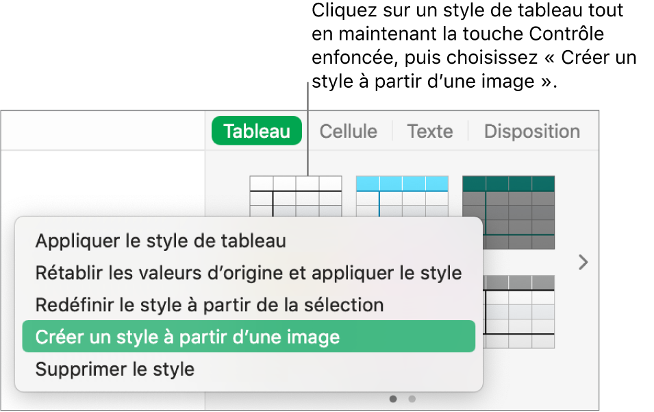 Le menu contextuel Style de tableau.