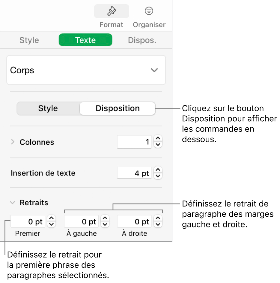 La section Disposition de la barre latérale Format, présentant les commandes définissant le retrait de première ligne et les marges de paragraphe.