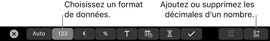 La Touch Bar d’un MacBook Pro avec les commandes pour choisir un format de données et ajouter ou supprimer des décimales pour un nombre.