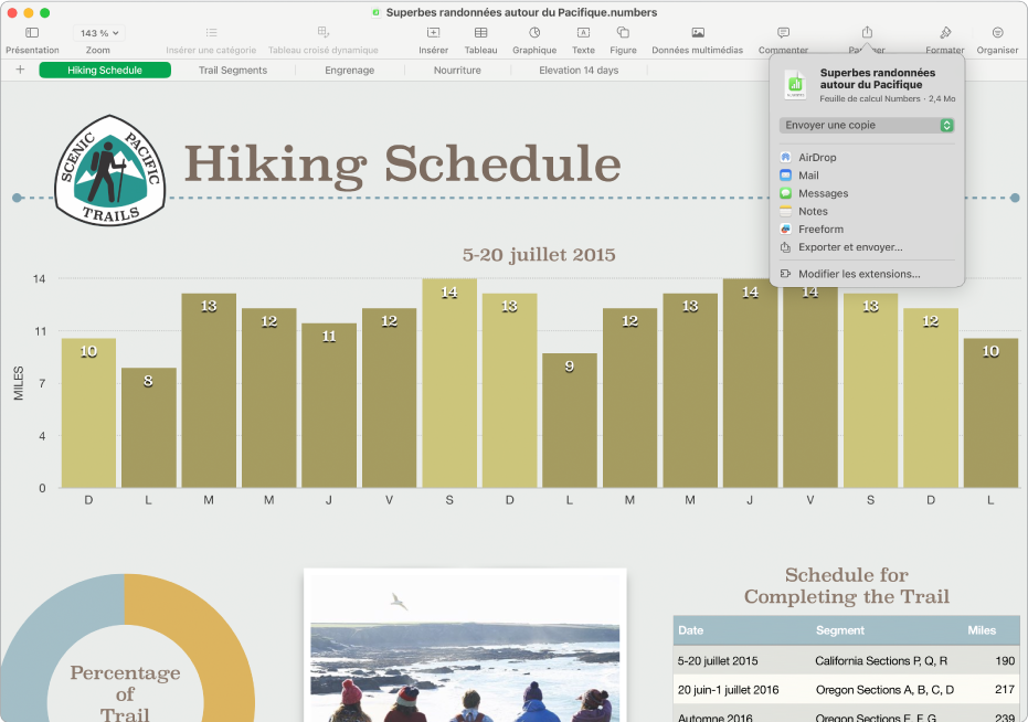 La fenêtre Numbers présentant le menu Partager, avec des options pour envoyer une copie de la feuille de calcul ou pour l’exporter et l’envoyer dans un autre format.