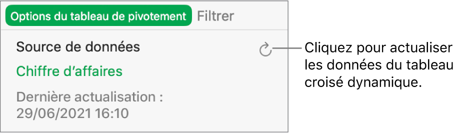 Onglet « Options dynamiques » affichant l’option d’actualisation du tableau croisé dynamique.