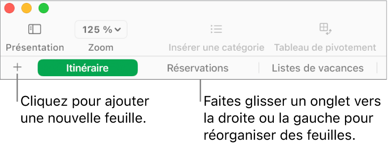 Barre des onglets pour ajouter une feuille et réorganiser les feuilles.