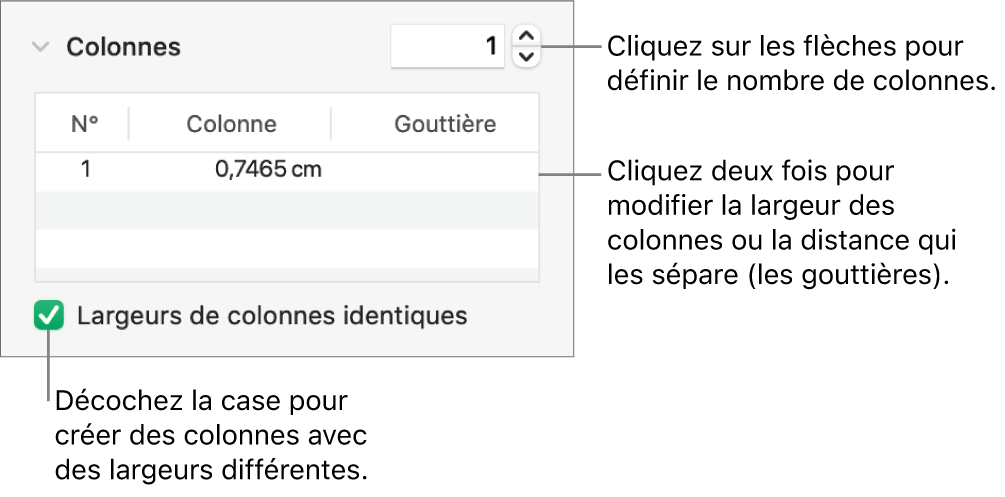 Commandes de la section Colonnes permettant de modifier le nombre de colonnes et leurs largeurs.