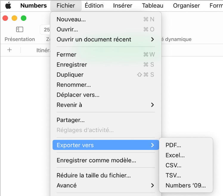 Menu Fichier ouvert avec l’option Exportation vers sélectionnée, le sous-menu correspondant affichant les options d’exportation aux formats PDF, Excel, CSV et Numbers ’09.