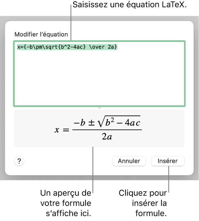 Formule quadratique composée à l’aide du langage LaTeX dans le champ Équation et aperçu de la formule en bas.