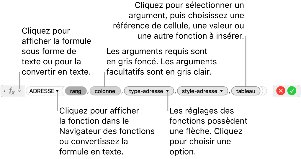 L’éditeur de formules affichant la fonction ADRESSE et les jetons d’argument correspondants.