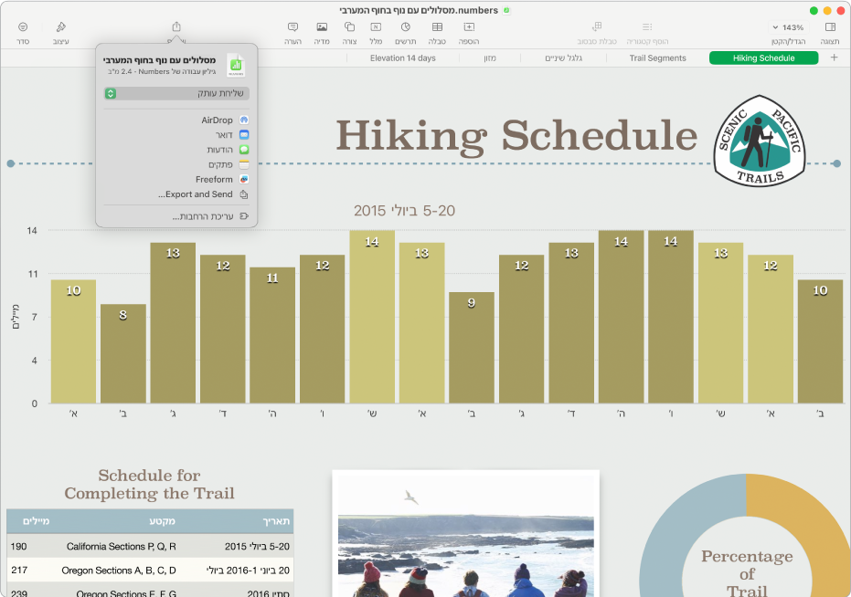 החלון של Numbers עם תפריט השיתוף שכולל אפשרויות לשליחת עותק של גיליון העבודה או לייצוא שלו ושליחה בפורמט אחר.