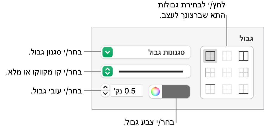 כלי בקרה להגדרת סגנון עבור גבולות תאים.