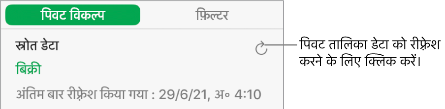 पिवट विकल्प टैब जो पिवट टेबल को रीफ़्रेश करने के लिए विकल्प दिखाता है।