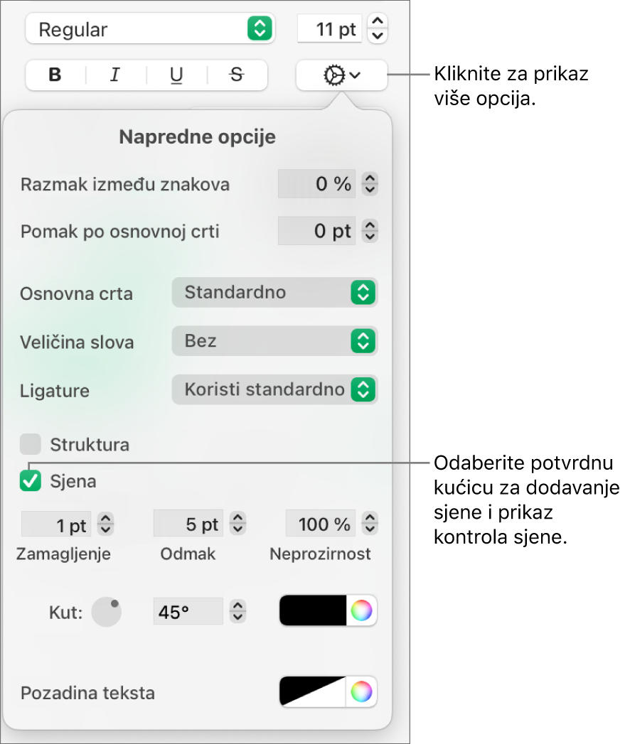 Izbornik Više opcija teksta otvoren s odabranom kućicom Sjene i kontrole za podešavanje zamagljenja, otklona, neprozirnosti, kuta i boje.