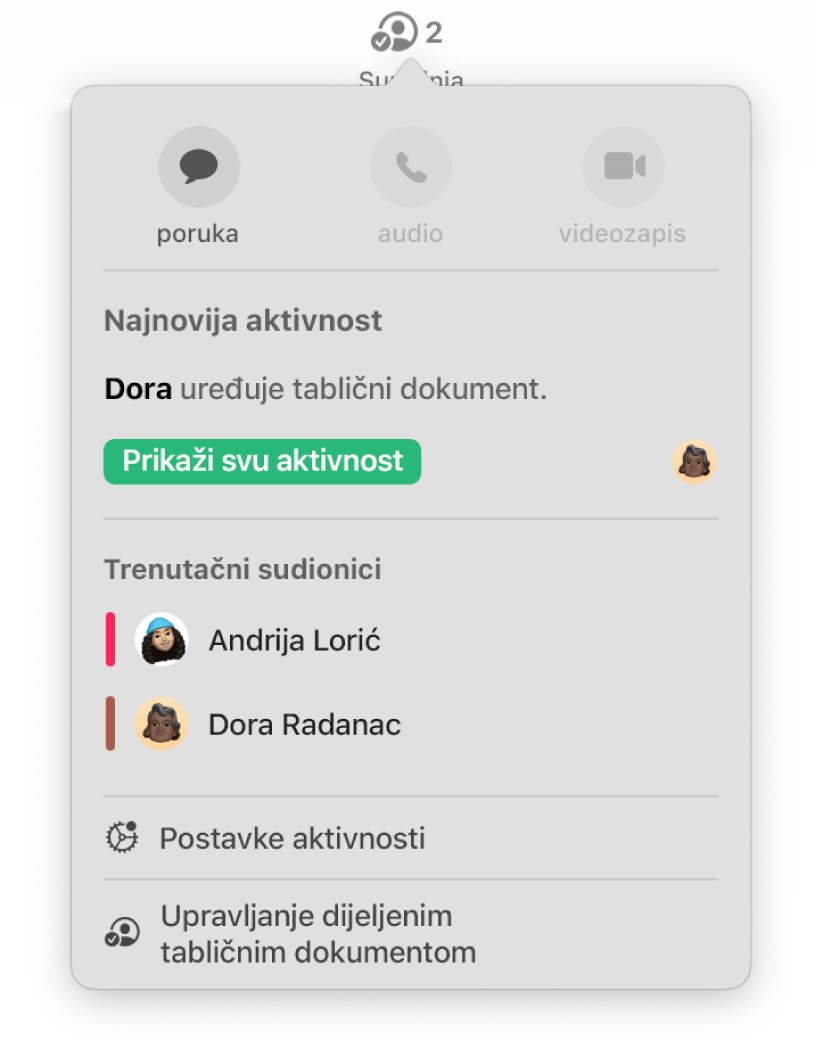 Izbornik suradnje prikazuje imena ljudi koji surađuju na tabličnom dokumentu.