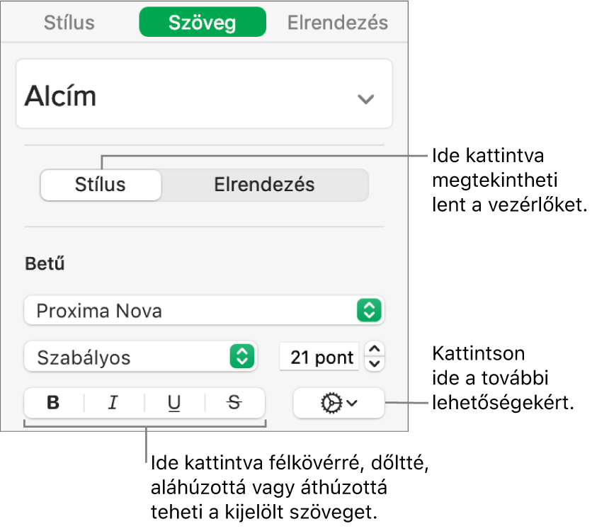 Az oldalsáv Stílus vezérlői a Félkövér, Dőlt és Aláhúzott és Áthúzott gombokat jelölő ábrafeliratokkal.