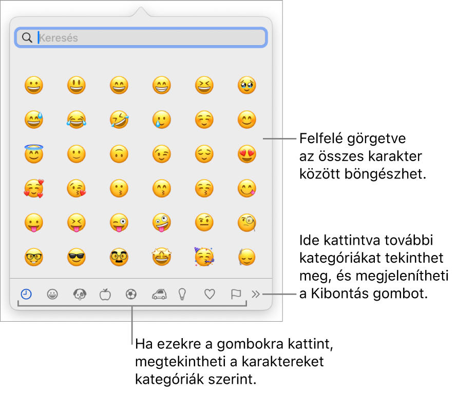 A Speciális karakterek előugró ablak, amelyben hangulatjelek, az ablak alján különböző típusú szimbólumokhoz tartozó gombok, valamint az összes karaktert megjelenítő ablak gombját ismertető felirat látható.