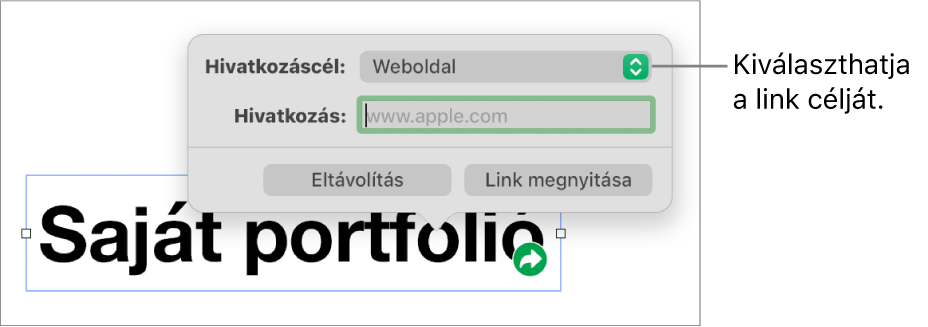 A linkszerkesztő vezérlői a kijelölt Weboldal elemmel, illetve az alul megjelenő Eltávolítás és Link megnyitása gombokkal.