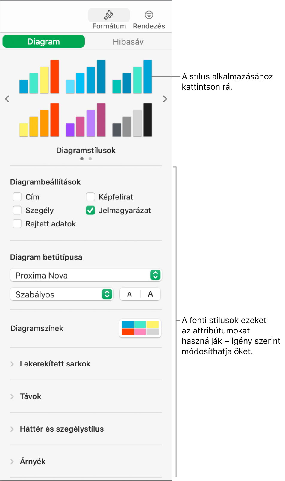 A Formázás oldalsáv a diagramformázásra szolgáló vezérlőkkel.