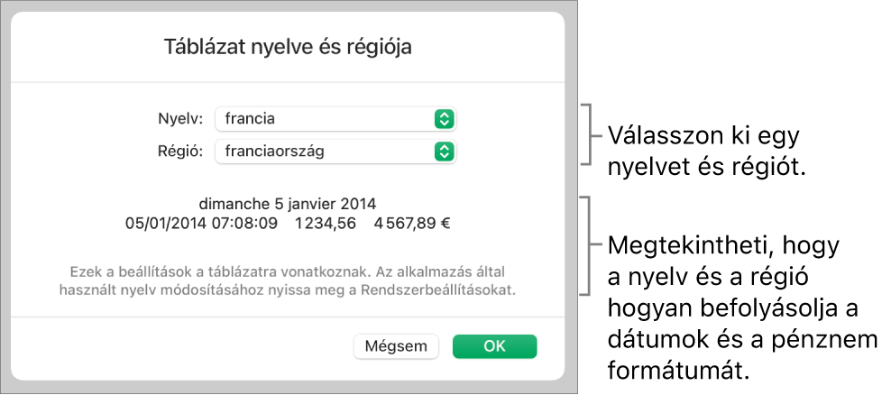 A Nyelv és régió panel a nyelv és régió vezérlőivel és egy formátum példával (ide értve: dátum, idő, tizedes és valuta).