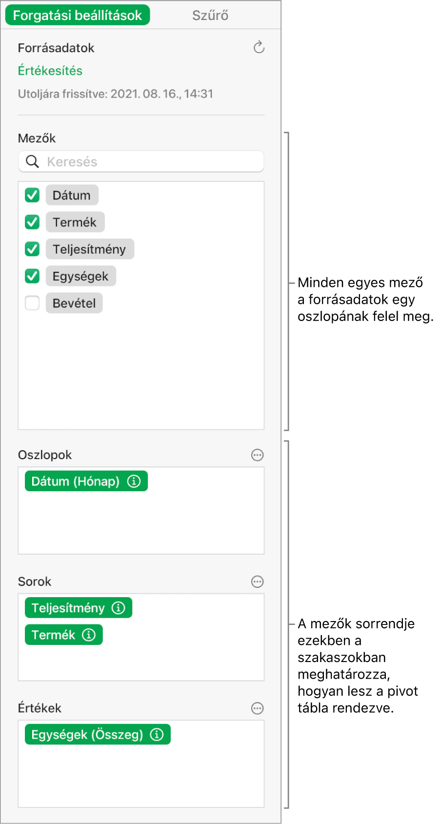 A Kimutatás beállítások menü mezőket jelenít meg az Oszlopok, Sorok és Értékek szakaszokban, illetve a mezők szerkesztésére és kimutatás frissítésére szolgáló vezérlőket.