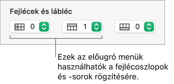 Előugró menük, amelyek segítségével fejléc- és láblécoszlopokat és -sorokat adhat hozzá egy táblázathoz, illetve rögzítheti a fejlécsorokat és fejlécoszlopokat.